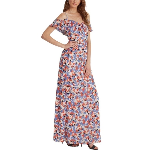 Lauren Ralph Lauren Maxi Off Shoulder Crinkled Georgette Floral Dress Size 10 - Picture 15 of 15